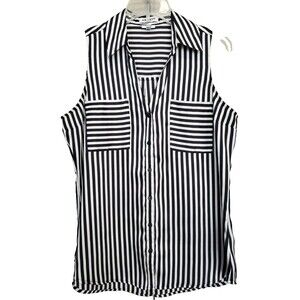 Express Portofino Slim Silky Black & White Striped Sleeveless Button-Up Top MED